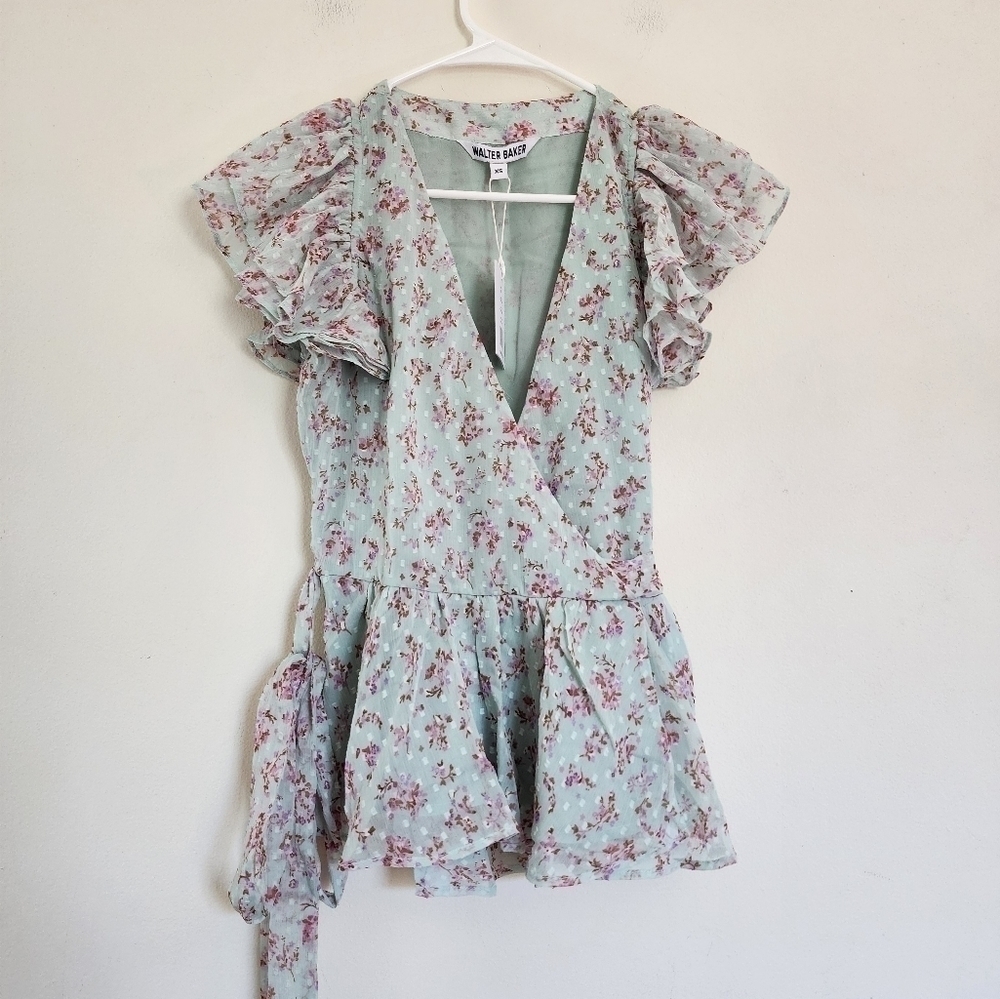 Walter Baker Mint Bloom Floral Wrap Top Ruffle Blouse Cottagecore XS NWT